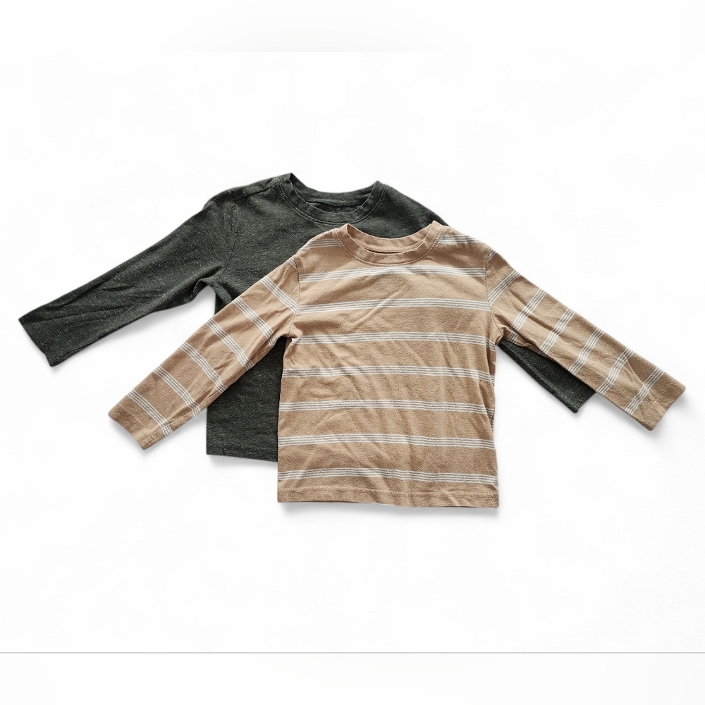 Jumping Beans Long Sleeve Tee Bundle | Olive & Striped Beige - Size 4T